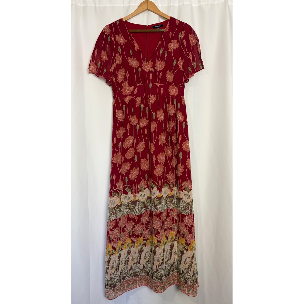 Madewell Red Boho Floral Poppy Cottagecore Maxi Flutter Sleeve Size 6 Fall Photo